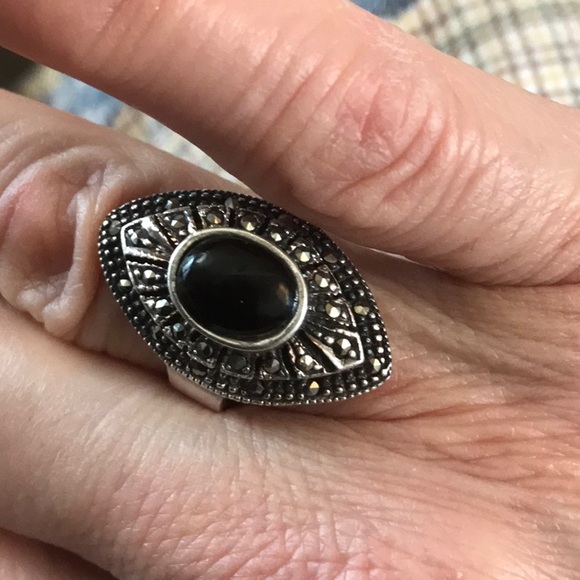 Art Deco Onyx and Marcasite Sterling Silver Ring - Picture 1 of 7